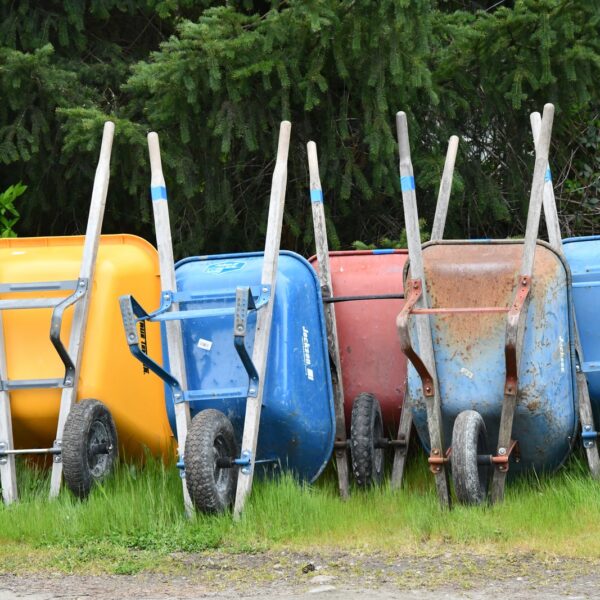 assorted-color wheelbarrows